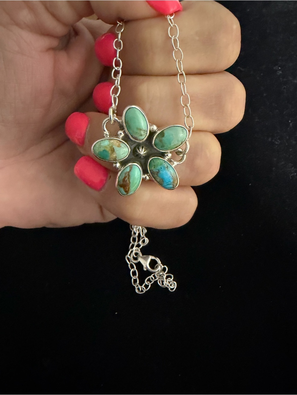 Sterling Silver Turquoise Flower Pendant Necklace - Green Blue